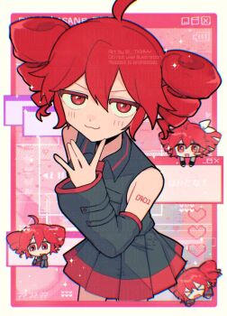  >_< 4girls :< :3 :d ? ?? \||/ ahoge bare_shoulders black_shirt black_skirt black_sleeves blush_stickers border bow character_name chromatic_aberration clone closed_mouth collared_shirt colored_eyelashes cowboy_shot detached_sleeves double-parted_bangs drill_hair dual_persona film_grain flat_chest from_above hair_between_eyes hair_bow hand_up hashtag-only_commentary heart jitome kasane_teto kasane_teto_(sv) kasane_teto_(utau) leaning_forward long_sleeves looking_at_viewer miniskirt multiple_girls necktie number_tattoo open_mouth outside_border pleated_skirt pocket puffy_long_sleeves puffy_sleeves red_background red_eyes red_hair red_necktie red_trim shirt short_hair shoulder_tattoo sidelocks simple_background single_blush_sticker skirt sleeveless sleeveless_shirt smile solo_focus standing synthesizer_v takamiya_yuu tattoo twin_drills utau watermark wavy_mouth white_border white_bow window_(computing) zoom_layer 