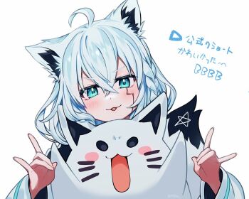  1girl ahoge animal_ears aqua_eyes double_fox_shadow_puppet fox_ears fox_girl fox_shadow_puppet fubuzilla_(shirakami_fubuki) hashtag-only_commentary hololive hood hoodie looking_at_viewer moa_(21energy12) shirakami_fubuki shirakami_fubuki_(1st_costume) smile solo virtual_youtuber white_background white_hair white_hoodie white_sleeves 