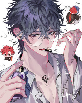  2boys absurdres black_hair black_shirt blue_hair chest_tattoo chibi collared_shirt commentary_request glasses hair_between_eyes heart highres hug implied_yaoi liu_xiao long_hair long_sleeves looking_at_viewer low_ponytail male_focus multiple_boys neck_tattoo niwatorizhen ponytail purple_eyes red_eyes red_hair round_eyewear shiguang_dailiren shirt short_hair simple_background sparkle tattoo teeth white_background white_shirt xiao_weiying yaoi 