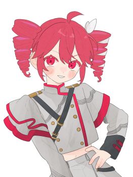  1girl ahoge blush_stickers bow buttoned_cuffs buttons colored_eyelashes contrapposto cowboy_shot double-breasted drill_hair grey_jacket grey_skirt grin hair_bow hand_on_own_hip high_collar highres jacket kasane_teto long_sleeves looking_at_viewer midriff midriff_peek navel ofo_j1 red_eyes red_hair red_trim shirt short_hair shoulder_belt shoulder_boards shoulder_strap simple_background skirt sleeve_cuffs smile solo twin_drills utau v-shaped_eyebrows white_background white_bow 