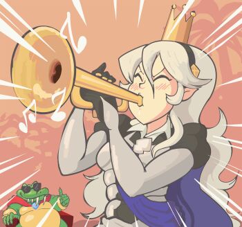  blush cape closed_eyes crocodile crocodilian crown davewaterfalls donkey_kong_(series) donkey_kong_country dragon_girl female_corrin_(fire_emblem) fire_emblem fire_emblem_fates hairband instrument king_k._rool long_hair music musical_note nintendo playing_instrument pointy_ears sunglasses thumbs_up trumpet white_hair 