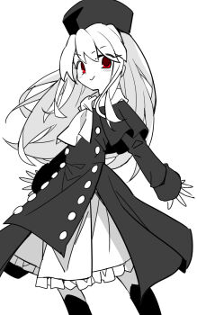  1girl :> ascot blush_stickers boots buttons child closed_mouth coat commentary_request cowboy_shot dress e.o. eyelashes fate/stay_night fate_(series) frills greyscale hair_between_eyes hat highres illyasviel_von_einzbern long_hair long_sleeves looking_at_viewer monochrome red_eyes sidelocks simple_background smile solo standing thigh_boots v-shaped_eyebrows 