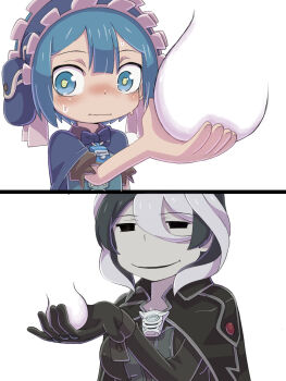  1boy 1girl black_cape black_eyes black_gloves black_hair blue_eyes blue_hair blush breasts cape capelet child closed_mouth gloves hair_between_eyes highres huge_breasts jacket jitome large_testicles made_in_abyss maid maid_headdress maruruk medium_breasts multicolored_hair open_mouth ozen puffy_short_sleeves puffy_sleeves short_hair short_sleeves smile symbol-shaped_pupils teeth testicles trap two-tone_hair upper_teeth_only whistle whistle_around_neck white_hair ximu_shilang yellow_pupils  rating:Questionable score:6 user:Aaron86