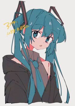  1girl 3774. aqua_eyes aqua_necktie bare_shoulders black_jacket grey_shirt hatsune_miku jacket looking_at_viewer necktie off_shoulder open_mouth shirt signature simple_background sleeveless sleeveless_shirt solo twintails upper_body vocaloid white_background 