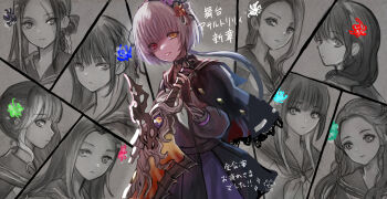  6+girls aqua_flower artist_name assault_lily black_capelet black_choker black_flower black_gloves black_hairband black_sailor_collar black_serafuku black_shirt black_skirt blue_flower bo_no_hana braid capelet choker closed_mouth commentary_request copyright_name cowboy_shot fingerless_gloves flower gloves green_flower grey_background grey_hair hair_flower hair_ornament hairband hei_no_hana heterochromia holding holding_sword holding_weapon jin_no_hana ki_no_hana kou_no_hana living_weapon long_hair long_sleeves looking_at_object looking_at_viewer looking_down looking_to_the_side low_ponytail monochrome_background multicolored_hair multiple_girls neckerchief otsu_no_hana paneled_background parted_bangs parted_lips partially_shaded_face pink_flower pleated_skirt ponytail portrait profile purple_flower red_eyes red_flower sailor_collar school_uniform serafuku shin_no_hana shirt short_hair side_braid sidelocks sideways_glance skirt smile streaked_hair sword t_jam tei_no_hana translation_request v-shaped_eyebrows weapon white_flower yamaguchi_chihiro_(assault_lily) yellow_eyes 