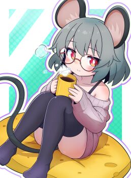  1girl absurdres alternate_costume animal_ears bare_shoulders between_legs black_thighhighs blush bra_strap coffee_mug collarbone commentary contemporary cup food-themed_pillow grey_hair highres holding holding_cup long_sleeves looking_up mouse_ears mouse_tail mug nazrin newbear red_eyes sitting smile solo steam sweater tail tail_between_legs thighhighs touhou 