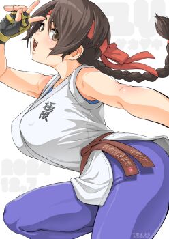  1girl braid braided_ponytail breasts brown_eyes brown_hair chiyou_yoyuchi commentary_request dated dougi fingerless_gloves gloves headband highres large_breasts long_hair looking_at_viewer open_mouth ryuuko_no_ken single_braid smile solo spandex the_king_of_fighters v white_background yuri_sakazaki 