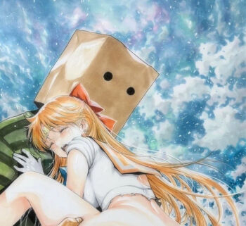  1boy 1girl aino_minako bag bag_over_head bishoujo_senshi_sailor_moon blonde_hair bottomless bow breasts closed_eyes commentary_request cropped earrings faceless faceless_male gloves green_shirt hair_bow hetero highres jewelry katsu_(24791909) large_breasts leotard lifting_person long_hair marker_(medium) median_furrow open_mouth orange_sailor_collar out-of-frame_censoring paid_reward_available paper_bag red_bow sailor_collar sailor_senshi_uniform sailor_venus shirt short_sleeves sky suspended_congress tearing_up thigh_grab torn_clothes torn_leotard traditional_media white_gloves white_leotard 