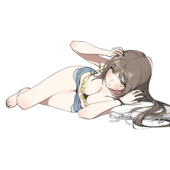  1girl b1026 bare_arms bare_legs barefoot bikini black_nails blue_shorts blush bracelet breasts brown_eyes brown_hair cleavage closed_mouth dot_nose front-tie_bikini_top front-tie_top full_body hair_spread_out hand_to_head hands_up highres jewelry large_breasts legs long_hair looking_at_viewer lying midriff mole mole_on_breast nail_polish navel on_side original pillow short_shorts shorts sidelocks simple_background solo swimsuit thighs toes white_background yellow_bikini 