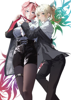  2girls absurdres adjusting_clothes adjusting_necktie arm_around_back black_hairband black_jacket black_pants black_pantyhose black_shorts blonde_hair blue_eyes blush breasts collared_shirt commentary_request double-parted_bangs feet_out_of_frame formal_clothes green_eyes hair_between_eyes hairband hand_on_another's_waist head_wings high-waist_shorts highres hololive jacket kazama_iroha large_breasts long_hair long_sleeves looking_at_viewer mouth_hold multiple_girls necktie pants pantyhose pantyhose_under_shorts pink_hair ponytail puffy_sleeves red_necktie shirt shorts suit takane_lui takane_lui_(1st_costume) tanishi_(hetianming11093) virtual_youtuber white_background white_shirt wing_collar wings zipper_pull_tab 