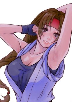 1girl armpits arms_behind_head braid braided_ponytail breasts brown_eyes brown_hair cleavage delarocha82 dougi fingerless_gloves gloves headband highres karate_gi large_breasts long_hair parted_lips red_headband ryuuko_no_ken seductive_gaze seductive_smile single_braid smile solo spandex teeth the_king_of_fighters yuri_sakazaki