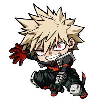  1boy arm_up bakugou_katsuki black_boots black_jumpsuit boku_no_hero_academia boots brown_hair commentary full_body gloves green_gloves grin hair_between_eyes highres jumpsuit kuena looking_at_viewer male_focus purple_eyes red_gloves simple_background smile solo thick_eyebrows v-shaped_eyebrows white_background wide-eyed 