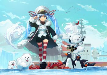  1girl 1other animal aqua_eyes aqua_hair binoculars bird black_coat black_gloves black_necktie black_shorts blue_sky blush closed_mouth coat collared_shirt commentary_request crab dog full_body fur-trimmed_coat fur-trimmed_sleeves fur_trim gloves gradient_hair hair_between_eyes hair_ornament hair_ribbon hat hatsune_miku highres hiko_(hiko224556) jacket long_hair long_sleeves looking_at_viewer multicolored_hair necktie official_alternate_costume official_alternate_hairstyle outdoors peaked_cap penguin rabbit rabbit_yukine red_ribbon red_shirt ribbon sailor_hat ship shirt short_shorts shorts sky smile snowflakes striped_clothes striped_thighhighs thighhighs twintails very_long_hair vocaloid walking watercraft white_dog white_hair white_jacket white_rabbit_(animal) yuki_miku yuki_miku_(2022) zettai_ryouiki 