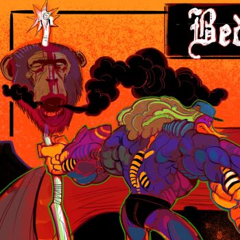  1boy abs bedlam_(neal_d._anderson) black_hair bone claws copyright_name dog_boy english_text highres knee_spikes lsduck_(bedlam) mage_staff male_focus monkey multiple_boys muscular muscular_male neal_d._anderson original sand shoes staff weapon 