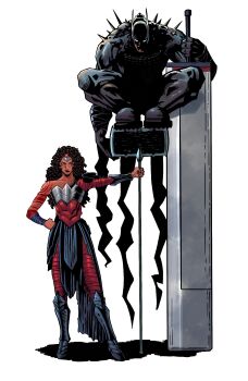  1boy 1girl absolute_batman absolute_dc absolute_wonder_woman axe back_spikes bat_mask batman batman_symbol dc_comics highres huge_weapon mascaraline pizza990 red_tattoo superhero_costume sword tattoo tattoo_sleeve weapon wonder_woman  rating:General score:1 user:danbooru