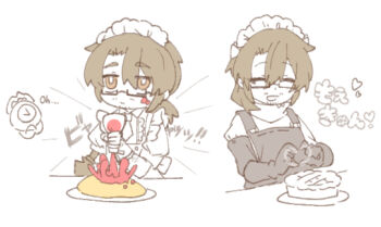 1boy 1other 2koma absurdres alternate_costume amputee apron arthropod_limbs bottle bow brown_apron brown_eyes brown_gloves brown_hair chibi chibi_inset clock closed_eyes closed_mouth collared_shirt comic crossdressing crossdressing_(mtf) dante_(limbus_company) elbow_gloves enmaided expressionless facial_hair fire food food_on_face frilled_apron frilled_hairband frilled_sleeves frills glasses gloves gregor_(project_moon) hair_between_eyes hair_bow hair_over_shoulder hairband half-closed_eyes hand_up hands_up happy heart heart_hands highres holding holding_bottle jitome joints ketchup ketchup_bottle lily26983455 limbus_company long_hair long_sleeves looking_ahead low_ponytail maid maid_apron maid_headdress male_focus male_maid mechanical_arms multiple_views necktie object_head omelet open_mouth parted_bangs partially_colored pie plate ponytail project_moon prosthesis prosthetic_arm r.b._(identity)_(project_moon) sanpaku semi-rimless_eyewear shirt simple_background single_mechanical_arm skirt smile solo solo_focus spilling spot_color squeezing stubble turtleneck turtleneck_shirt under-rim_eyewear upper_body white_background you're_doing_it_wrong