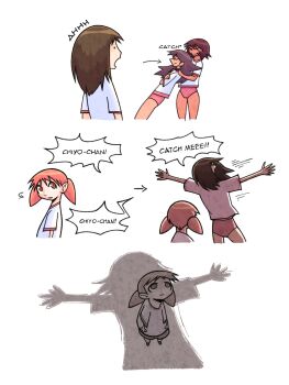  4girls azumanga_daiou brown_hair english_text falling gym_uniform highres kagura_(azumanga_daioh) kasuga_ayumu looking_up mihama_chiyo multiple_girls open_mouth orange_hair pink_shorts sakaki_(azumanga_daioh) shadow shirt short_shorts shorts size_difference stormill trust_fall white_background white_shirt worried  rating:General score:14 user:randomwriter391