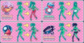  age_progression ankle_boots apron armor bandeau barefoot bikini bikini_armor black_boots black_choker black_hair black_lips black_thighhighs boots breasts choker colored_skin commentary completely_nude cosplay english_commentary english_text fingerless_gloves gloves goth_fashion green_skin hair_over_shoulder harem_pants highres large_breasts legwear_garter long_hair medium_breasts miniskirt monster_girl multiple_girls naked_apron no_eyes no_nipples nude oil_lamp orb original pants platform_boots ponytail red_bandeau red_bikini red_boots red_choker red_pants red_shoes shantae shantae_(cosplay) shantae_(series) shoes single_legwear_garter skirt slime_girl spiked_choker spikes supersatanson swimsuit thighhighs transformation underboob waist_apron white_apron 