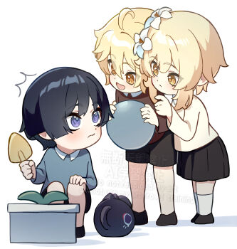  1girl 2boys ^^^ absurdres aether_(genshin_impact) aged_down ahoge ball black_hair black_shoes black_shorts black_skirt blonde_hair blue_flower blunt_ends blush brother_and_sister brown_shirt brown_sleeves casual child closed_eyes closed_mouth collar contemporary eyelashes eyeliner eyeshadow flower genshin_impact grey_shirt grey_sleeves hair_between_eyes hand_on_another's_arm head_on_another's_shoulder highres holding holding_ball holding_shovel inteyvat_flower_(genshin_impact) long_sleeves looking_at_another lumine_(genshin_impact) makeup mikan_(akasa051) multicolored_flower multiple_boys official_alternate_costume open_mouth plant pleated_skirt potted_plant purple_eyes red_eyeliner red_eyeshadow scaramouche_(cat)_(genshin_impact) scaramouche_(genshin_impact) shirt shoes short_hair short_hair_with_long_locks shorts shovel siblings sidelocks skirt socks squatting twins watering_can watermark white_background white_collar white_flower white_shirt white_sleeves white_socks yellow_eyes 