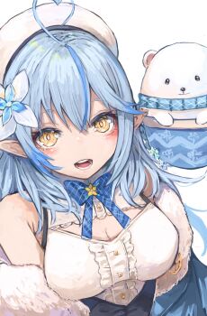  1girl :d ahoge bare_shoulders beret black_corset blue_bow blue_bowtie blue_coat blue_hair blue_streaks blush bow bowtie breasts brooch center_frills cleavage cleavage_cutout clothing_cutout coat coat_partially_removed colored_tips commentary_request corset daifuku_(yukihana_lamy) double-parted_bangs elf eyeshadow flower frilled_shirt frills from_above fur-trimmed_coat fur_trim gold_buttons hair_between_eyes hair_flower hair_ornament hat heart heart_ahoge highres hololive jewelry large_breasts long_hair long_pointy_ears looking_at_viewer makeup multicolored_hair nyucha off_shoulder open_mouth plaid_bow plaid_bowtie plaid_clothes pointy_ears red_eyeshadow ringed_eyes shirt simple_background sleeveless sleeveless_shirt smile snowflake_hair_ornament solo star_brooch streaked_hair teeth underbust upper_body v_arms virtual_youtuber white_background white_hat white_shirt yellow_eyes yukihana_lamy yukihana_lamy_(1st_costume) 