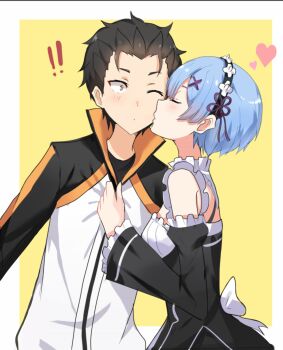  1boy 1girl blue_hair blush closed_eyes commentary_request detached_sleeves hair_ornament hetero highres kenkaizar kiss kissing_cheek natsuki_subaru one_eye_closed re:zero_kara_hajimeru_isekai_seikatsu rem_(re:zero) roswaal_mansion_maid_uniform short_hair surprised 