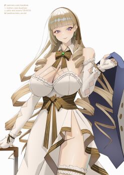  1girl blonde_hair bluesky_username blunt_bangs bow breasts brown_bow cleavage closed_mouth commentary cowboy_shot dress drill_hair earrings elbow_gloves fingerless_gloves gloves groin hand_up highres holding holding_unworn_clothes holding_unworn_jacket huge_breasts jacket jewelry kautism last_origin long_hair looking_at_viewer maria_rioboros no_panties patreon_username pixiv_id purple_eyes side_slit simple_background smile solo twin_drills twitter_username unworn_jacket white_background white_dress white_gloves 