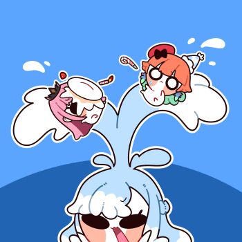  252_eyo 3girls :< black_tiara blue_hair blush_stickers cake chibi closed_eyes commentary earrings english_commentary feather_earrings feathers food food_on_face fountain gradient_hair green_hair hat highres hololive hololive_english hololive_indonesia holomyth hood hoodie jewelry kobo_kanaeru liquid_hair mori_calliope multicolored_hair multiple_girls multiple_hats open_mouth orange_hair party_hat party_horn pink_hair simple_background split_ponytail sweat takanashi_kiara tiara virtual_youtuber white_hoodie 