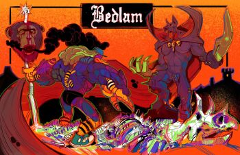  2boys abs bedlam_(neal_d._anderson) black_hair bone claws copyright_name dog_boy english_text highres knee_spikes lord_overdeath_(bedlam) lsduck_(bedlam) mage_staff male_focus monkey multiple_boys muscular muscular_male neal_d._anderson original sand shoes staff weapon 
