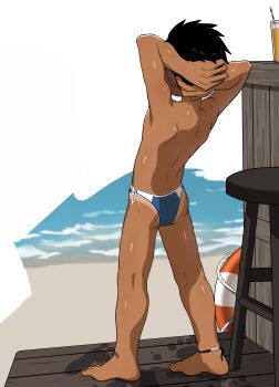  1boy absurdres arms_behind_head barefoot dark-skinned_male dark_skin eukio from_behind highres male_focus male_swimwear original solo swim_briefs swimsuit tan tanline 