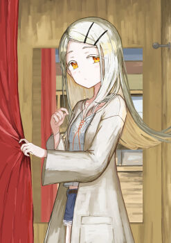  1girl absurdres belt blonde_hair blue_shorts blush brown_belt camisole closed_mouth collarbone colored_eyelashes commentary_request cowboy_shot curtain_grab curtains denim denim_shorts fitting_room flipped_hair gakuen_idolmaster grey_robe hair_ornament hairclip highres idolmaster indoors k6tetsu long_hair long_sleeves looking_at_viewer mirror open_clothes open_robe orange_eyes orange_ribbon parallel_hairclips ribbon robe rope_belt shinosawa_hiro short_shorts shorts solo standing white_camisole wide_sleeves wristband 