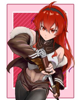  1girl abs absurdres ahoge black_hairband black_hiphighs brown_gloves brown_jacket brown_shorts closed_mouth commentary cowboy_shot cropped_shirt eris_greyrat fingerless_gloves fur-trimmed_jacket fur_trim gloves hair_between_eyes hairband highres hiphighs jacket long_hair mine._(mine_kkk) mushoku_tensei navel off-shoulder_jacket off_shoulder outside_border red_eyes red_hair sheath shirt shorts sleeveless sleeveless_shirt solo sword unsheathing v-shaped_eyebrows weapon white_shirt  rating:Sensitive score:2 user:danbooru