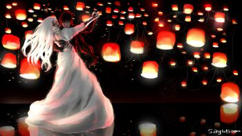  1boy 1girl absurdres black_hair black_tunic corset dress full_body glowing hand_on_another's_back highres holding_hands horizon jewelry lantern long_hair necklace nephis_(shadow_slave) night outdoors paper_lantern sayg15000 shadow_slave sky smile standing standing_on_liquid star_(sky) starry_sky sunny_(shadow_slave) tunic white_dress white_hair 