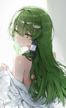  1girl absurdres artist_name back bare_shoulders breasts closed_mouth commentary_request expressionless followers_favorite_challenge frog_hair_ornament green_eyes green_hair hair_intakes hair_ornament hair_tubes highres kochiya_sanae long_hair long_sleeves looking_at_viewer looking_back multiple_drawing_challenge shirt signature single_hair_tube solo tadano1129 touhou upper_body white_shirt 