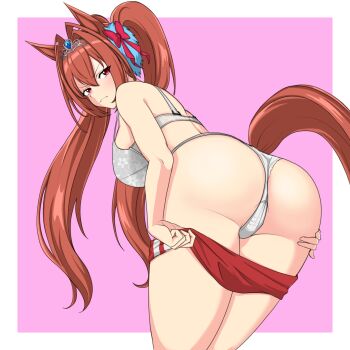  1girl animal_ears antenna_hair ass ass_focus bent_over blush border bow bra breasts brown_hair buruma buruma_pull closed_mouth clothes_pull commentary daiwa_scarlet_(umamusume) feet_out_of_frame floral_print_bra from_behind hair_between_eyes hair_bow hair_intakes hair_ornament highres horse_ears horse_girl horse_tail huge_ass large_breasts leaning_forward long_hair looking_at_viewer looking_back no_shirt outside_border pink_background pulling_own_clothes red_bow red_buruma red_eyes simple_background solo squinkybink standing tail thighs twintails umamusume underwear v-shaped_eyebrows very_long_hair white_border white_bra 