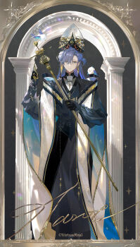  1boy :| absurdres animal animal_on_shoulder aoseagrass arch bird bird_on_shoulder black_gloves black_robe blue_cape blue_eyes blue_hair border cape chinese_commentary closed_mouth commentary_request copyright_notice full_body gloves grey_background hat highres holding holding_scepter long_hair looking_at_viewer male_focus mitre nijisanji official_art one_side_up ornate_border robe scepter solo sparkle standing virtual_youtuber virtuareal white_hat yog_(virtuareal) 
