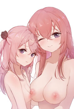 2girls asymmetrical_docking breast_press breasts completely_nude female_focus flower hair_flower hair_ornament height_difference highres incest inui_sajuna inui_shinju large_breasts looking_at_viewer luma_li multiple_girls nipples nude nuzzle one_eye_closed pink_hair purple_eyes siblings simple_background sisters small_breasts sono_bisque_doll_wa_koi_wo_suru upper_body white_background yuri rating:Explicit score:470 user:danbooru