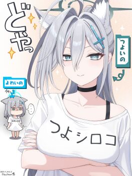  ... 2girls alternate_costume animal_ear_fluff animal_ears arms_under_breasts arrow_(symbol) bare_arms black_choker blue_archive blue_eyes breast_envy breasts chibi chibi_inset choker clothes_writing collarbone commentary cross_hair_ornament dated extra_ears grey_hair hair_between_eyes hair_ornament halo highres k-d large_breasts long_hair looking_at_viewer mismatched_pupils multiple_girls shiroko_(blue_archive) shiroko_terror_(blue_archive) shirt short_sleeves simple_background smile smug sparkle speech_stab spoken_ellipsis t-shirt translated upper_body white_shirt wolf_ears wolf_girl 