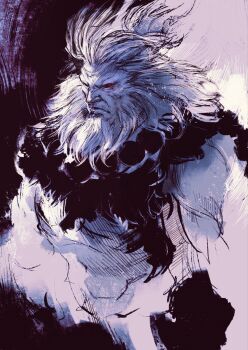  1boy abs akuma_(street_fighter) beard closed_mouth commentary english_commentary facial_hair frown full_beard greyscale highres jewelry kannoaki male_focus monochrome necklace red_eyes solo standing street_fighter street_fighter_6 topless_male upper_body wrinkled_skin 