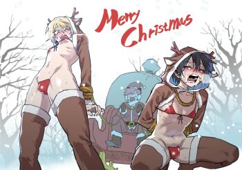  3boys anger_vein angry animal_costume animal_hood antlers bags_under_eyes bandage_on_face bandages bandaid bandaid_on_cheek bandaid_on_face bdsm bikini bikini_top_only black_hair blonde_hair blush bondage boots bound bound_wrists breasts bulge c-string christmas crying embarrassed eyeliner fake_antlers fang from_below gynecomastia hat high_school_boy highres hong_iltak hood horns korean_commentary lee_hoon makeup male_focus male_with_breasts merry_christmas multiple_boys navel open_mouth outdoors park_jinim_(parkgee) parkgee pink_hair puffy_male_chest red_bikini red_eyeliner red_eyes reindeer_antlers reindeer_costume reindeer_hood restrained revealing_clothes reverse_outfit rope sack sanpaku santa_costume santa_hat skinny sleigh small_breasts smile snow snowing squatting strapless_bottom suicide_boy sweat swimsuit tears trap tree tsurime underboob yaoi 