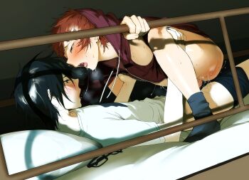  2boys black_hair black_socks blush bottomless commentary cuntboy cuntboy_with_male earrings english_commentary fushimi_saruhiko glasses highres hood hoodie jewelry k-project lying male_focus male_underwear male_underwear_pull multiple_boys on_back open_mouth saliva saliva_trail short_hair socks tongue treslech3s underwear unworn_eyewear yata_misaki  rating:Explicit score:39 user:danbooru