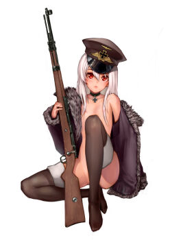  1girl absurdres bad_id bad_pixiv_id bloodcandy bolt_action choker coat convenient_leg cross cross_choker female_focus flat_chest fur_coat girls'_frontline gun hair_censor hat highres iron_cross kar98k_(girls'_frontline) looking_at_viewer mauser_98 nude open_clothes open_coat peaked_cap red_eyes rifle sitting solo thighhighs weapon white_background white_hair 