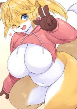 1girl akitaka_(mcdonnell-douglas) blonde_hair blue_eyes blush bottomless breasts curvy fang female_focus fox furry furry_female happy heart hood hoodie large_breasts looking_at_viewer one_eye_closed simple_background smile solo sweater thick_thighs thighs v white_background wink rating:Questionable score:17 user:KemonoLover96