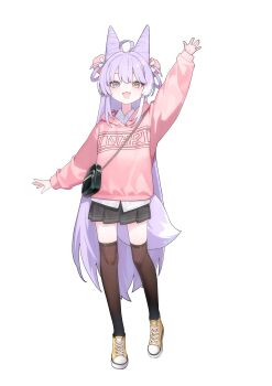  1girl absurdres ahoge arm_at_side arm_up bag black_skirt black_socks blue_eyes clothes_writing commentary_request cone_hair_bun double_bun elppi fox_girl fox_tail full_body hair_bun hair_ornament hair_rings heterochromia highres hood hood_down hoodie korean_commentary long_hair long_sleeves miniskirt open_mouth over-kneehighs pink_hoodie pleated_skirt pom_pom_(clothes) pom_pom_hair_ornament print_hoodie purple_hair shoes shoulder_bag simple_background skirt smile sneakers socks solo standing stellive straight_hair tail tenko_shibuki thighhighs very_long_hair virtual_youtuber white_background yellow_eyes 