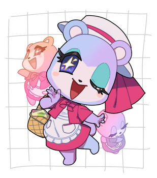  +_+ 1girl animal_crossing animal_ears apron basket bear_ears bear_girl bear_tail blue_eyeshadow blush_stickers chibi chibi_only chibikemo coat commentary_request dress eyelashes eyeshadow full_body furry furry_female grid_background hat holding holding_basket judy_(animal_crossing) kopa_nishikida looking_at_viewer makeup multiple_views nintendo one_eye_closed open_mouth purple_eyes purple_fur red_coat red_dress simple_background solo_focus tail thick_eyelashes white_apron white_background white_hat 