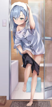  1girl absurdres after_bathing barefoot bath_stool black_shorts blue_hair blurry blurry_background blush commentary_request dressing drying drying_hair full_body green_eyes highres indoors light_switch long_hair rug sakahana shorts single_bare_shoulder solo standing standing_on_one_leg steam stool towel towel_on_head virtual_youtuber vspo! yano_kuromu 