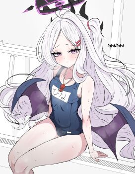  1girl absurdres ahoge blue_archive blush breasts closed_mouth cowboy_shot hair_ornament hairclip halo highres hina_(blue_archive) hina_(swimsuit)_(blue_archive) horns loli long_hair looking_at_viewer mayoa monochrome_background official_alternate_costume old_school_swimsuit one-piece_swimsuit parallel_hairclips parted_bangs poolside purple_eyes purple_halo school_swimsuit sitting small_breasts solo swimsuit wet whistle whistle_around_neck white_hair wings 