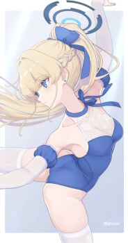  1girl alternate_costume arabesque_(pose) ass ballerina ballet bare_shoulders blonde_hair blue_archive blue_bow blue_eyes blue_halo blue_leotard blue_nails blue_ribbon blush bow breasts commentary dan_(kumadan) elbow_gloves gloves hair_between_eyes hair_bow hair_ornament hair_ribbon halo highleg highres holding leotard long_hair medium_breasts parted_lips ponytail revision ribbon see-through_cleavage see-through_clothes shirt sidelocks simple_background solo thighhighs toki_(blue_archive) white_gloves white_thighhighs 