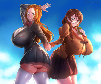  2girls alternate_breast_size_(larger) arm_up ass black_bow black_hair black_skirt bleach book bow breasts brown_eyes covered_erect_nipples crossover gigantic_breasts glasses gluteal_fold grey_shirt grey_skirt hair_ornament hanekawa_tsubasa holding holding_book holding_hands huge_ass huge_breasts inoue_orihime karakura_high_school_uniform keigi lips long_hair monogatari_(series) multiple_girls naoetsu_high_school_uniform orange_hair puffy_sleeves red_bow school_uniform shirt skin_tight skirt smile thighhighs underbutt white_shirt white_thighhighs  rating:Sensitive score:8 user:danbooru
