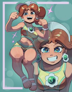  1girl absurdres aqua_trim bare_shoulders blue_eyes blush breasts brown_hair commentary crop_top earrings english_commentary flower_earrings grin hat highres jewelry large_breasts long_hair looking_at_viewer mario_(series) mario_kart mario_kart_world massivetwo midriff navel nintendo official_alternate_costume open_mouth ponytail princess_daisy princess_daisy_(swimwear)_(mario_kart_world) sandals shorts smile sparkle sports_bra teeth white_hat yellow_shorts yellow_sports_bra 