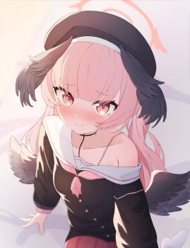 1girl absurdres bed_sheet beret black_headwear black_serafuku black_wings blue_archive blurry blush breasts closed_mouth depth_of_field feathered_wings from_above halo hat head_wings highres koharu_(blue_archive) long_sleeves looking_at_viewer low_wings neckerchief nonddu off_shoulder pink_eyes pink_hair pink_neckerchief red_skirt sailor_collar school_uniform serafuku skirt small_breasts strap twintails upper_body white_sailor_collar wings rating:Sensitive score:20 user:danbooru